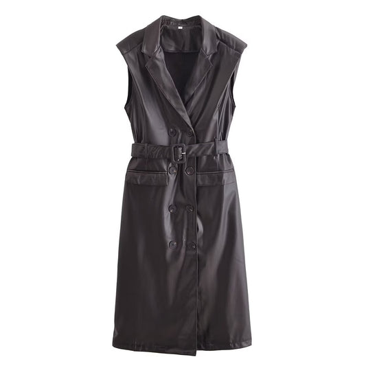 Women Clothing Winter Street Sleeveless Belt Faux Leather Trench Coat Dress