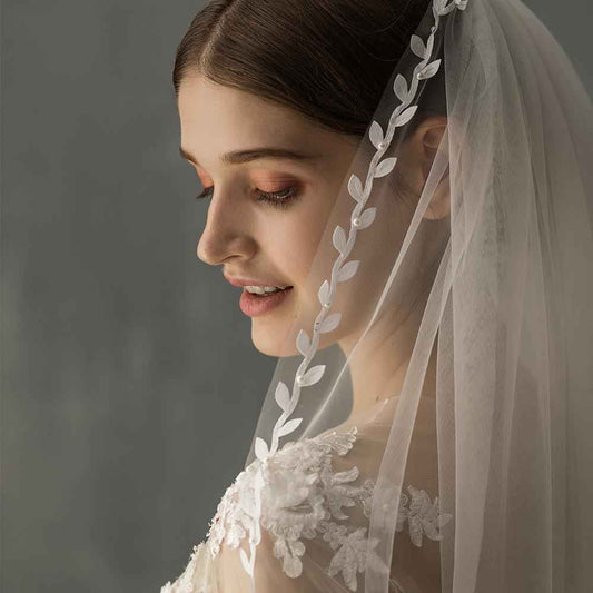 Bianca Mid Length Bridal Veil With Double Leaf Edge