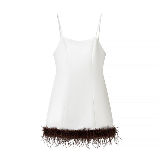 Women Clothing Summer Feather Silk Satin Texture Short Strap Dress