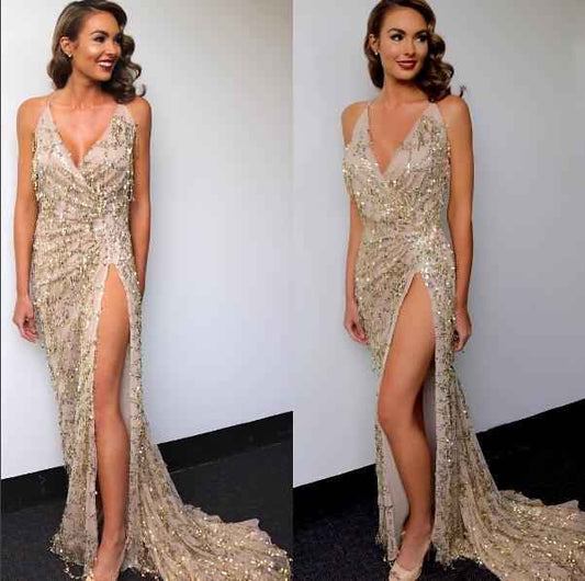 Sexy Women Clothing V neck Backless Slit Sling Gold Sequ Dress Maxi Dress Summer