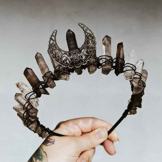 Nerina Gothic Crystal Crown Tiara Natural Stone Grey Hair Accessory