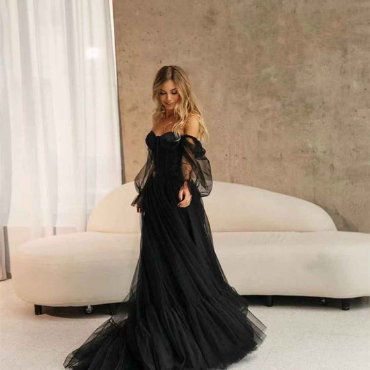 Mariangela Long Sleeve Transparent Lace Black Wedding Dress
