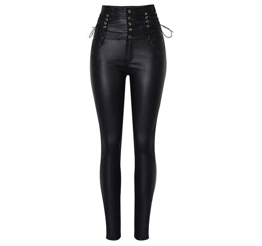 Women Clothing High Waist Breasted Lace up Decorative Coating Faux Leather Pants Stretch Denim Skinny Pants Faux Leather