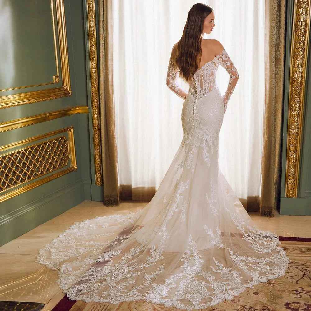Mariangela Off-shoulder Lace Long Sleeve Fishtail Gown