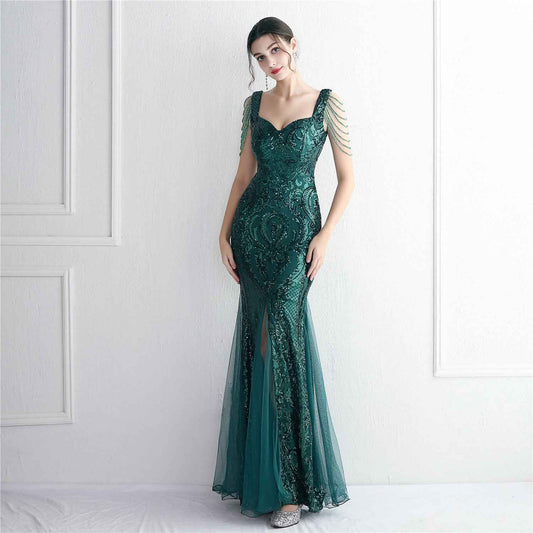 Anna Sequin Mesh Beaded Evening Dress