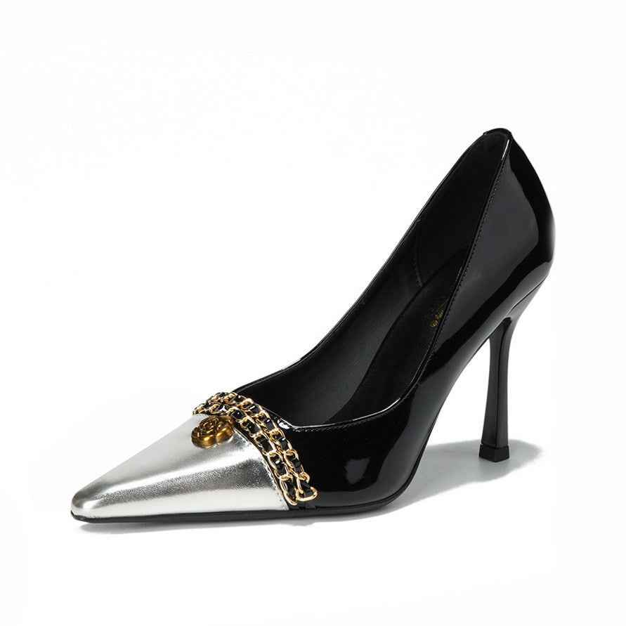 Design Color Matching Metal Chain Super High Heels Stiletto Pointed Toe Camellia Chanel Shoes