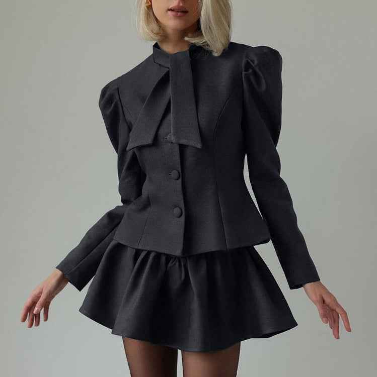 Niche Design Bow Tie Long Sleeve Top Skirt High Sense Two Piece Sets Elegant Outfit Women