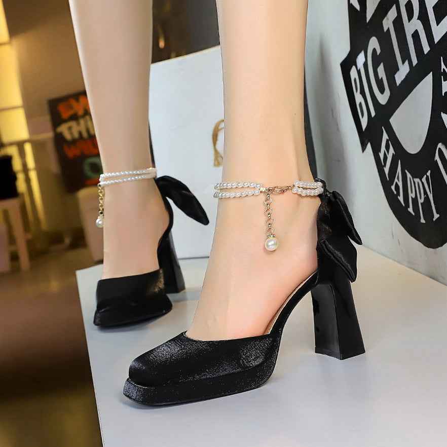 Ginevra High Heel Satin Sandals Chunky Heel Square Toe Pearl Bow Wedding Shoes