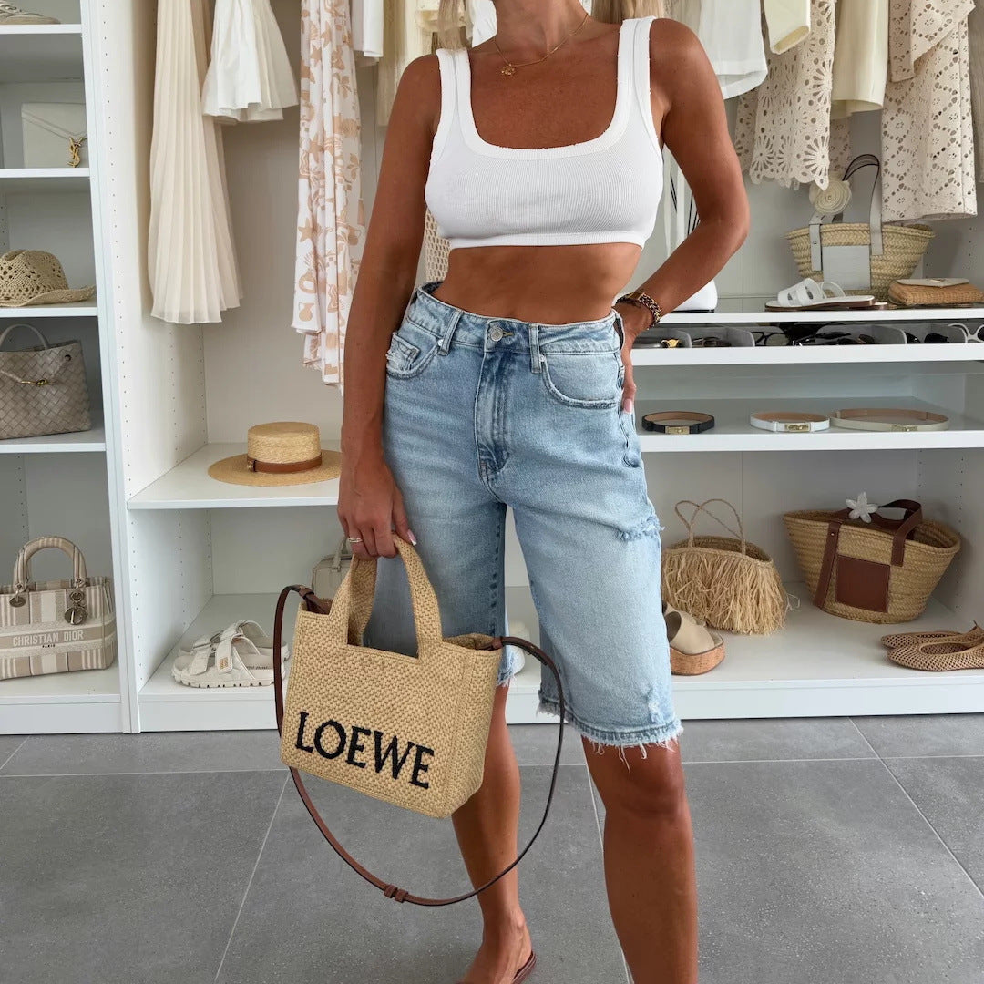 Summer Urban Casual Loose Washed out Ripped Women Denim Shorts