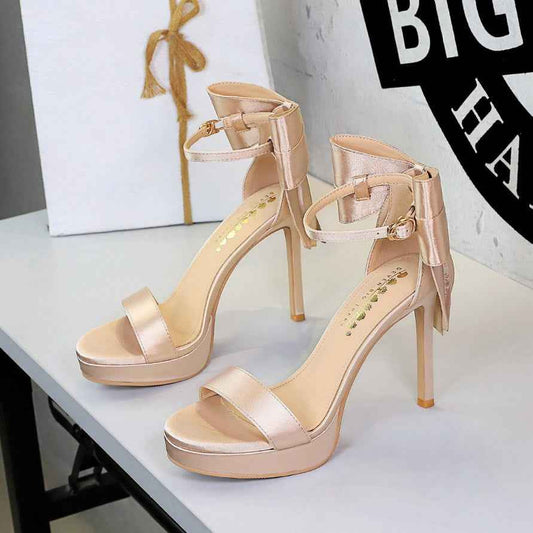 French Super High Heel Open Toe Platform with Back Big Bow Satin Outdoor Sandals Women
