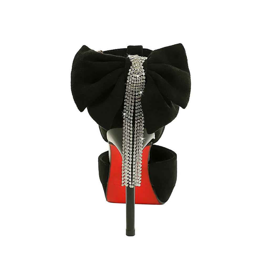 Cocktail Black Platform Pointed Toe Buckle Suede Back Bow Rhinestone Sandals