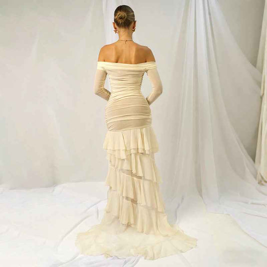 Spring Women Slim Irregular Asymmetric Pleated Waist Tight Long Sleeve off Shoulder Elegant Dress for Women