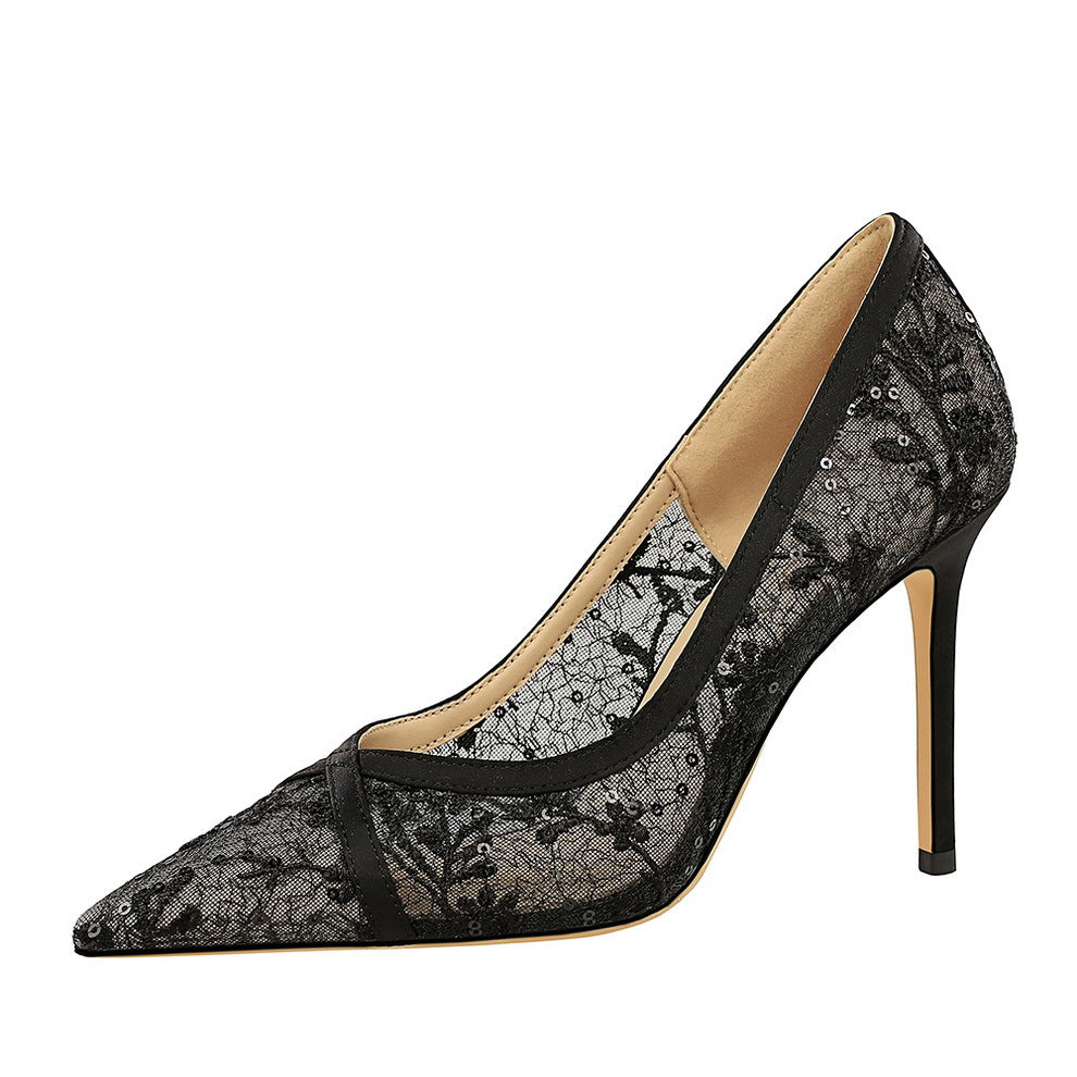 Cocktail Sexy Stiletto Heel Pointed High Heels Women Pumps Lace Shallow Mouth High Heels