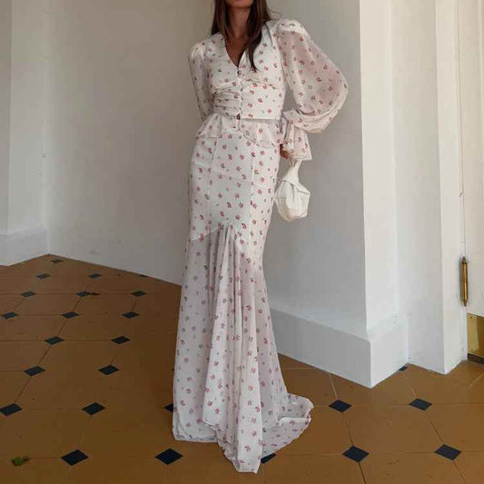 Elegant Women Chiffon V neck Flared Sleeves Waist Controlled Top Hip Skirt Two Piece Sets Printed Skirt Set