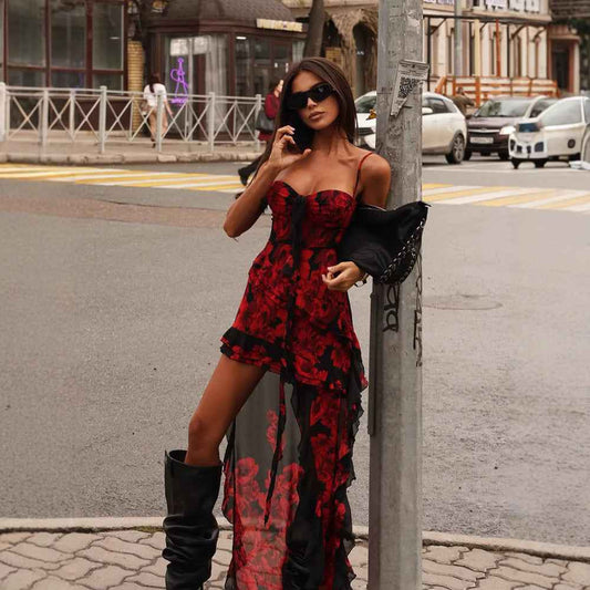 Summer Rose Print Tube Top Irregular Asymmetric Elegant Trailing Mesh Camisole Dress Slim Fit
