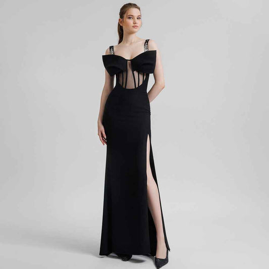 Black Rhinestone Strappy Bow Semi Transparent Maxi Dress Slim Dress