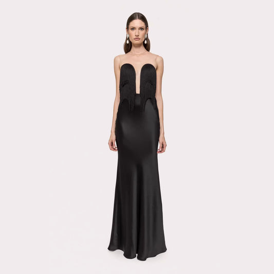Black Tassel Tube Top Fishtail Draping V neck Slim Fit Evening Dress Wedding Party Maxi Dress