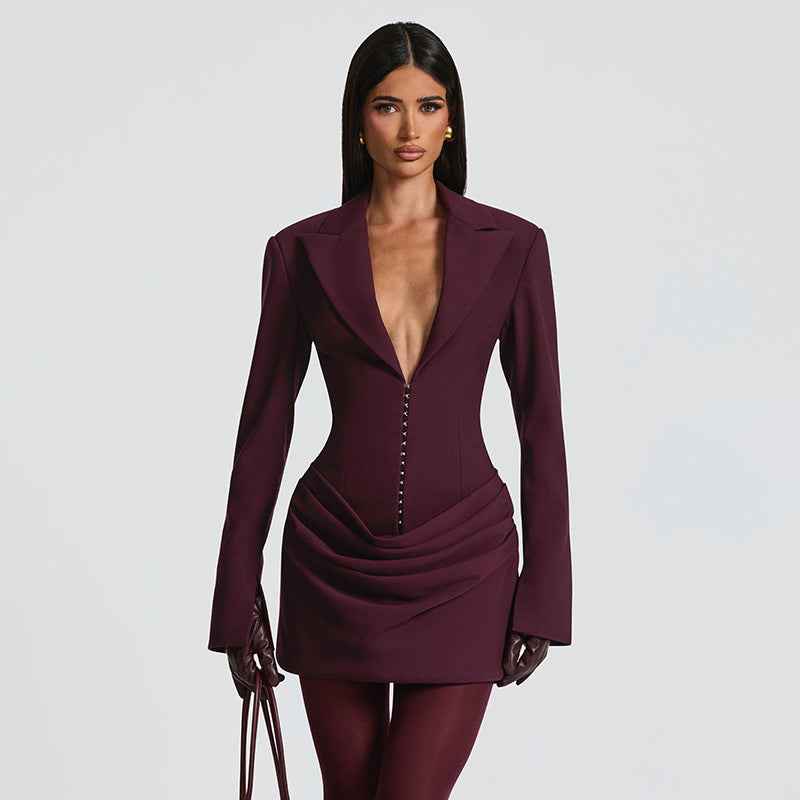 Valeria – Solid Color Deep V Blazer Dress Waist-Control Slim Fit Party Dress