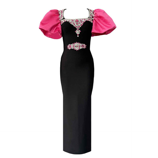 Mariangela Rose Red Rhinestone Puff Sleeve Cocktail Dress
