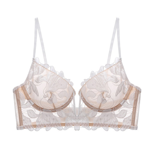 Ricamo Sexy Reggiseno Donna Profondo V Plunge Plunge Anello in acciaio Push up Accessary Seno Push up Reggiseno filato ultrasottile Fleur