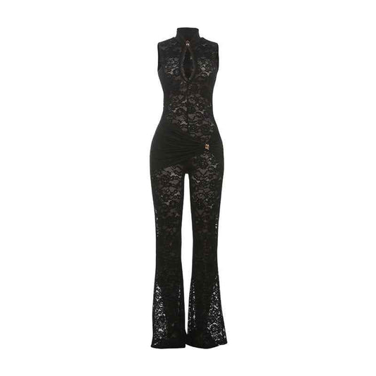 Autumn Winter Women Lace Stitching Sleeveless Sexy High Waist Slim Fit Micro Pull Jumpsuit