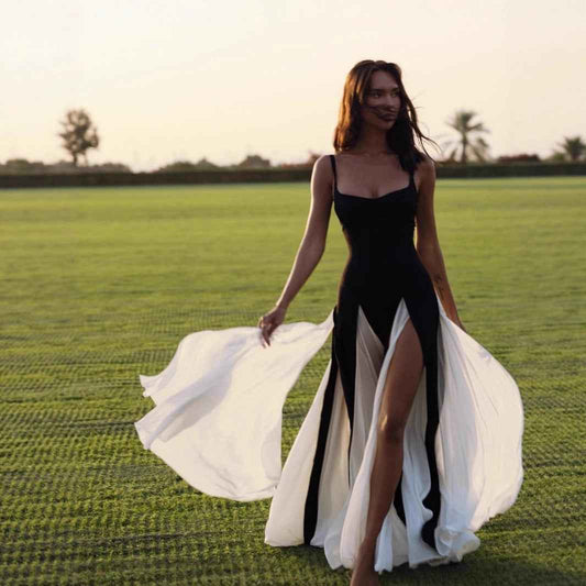 Suspender Contrast Color Split Dress Sexy Waist Trimming Vacation Evening Maxi Dress