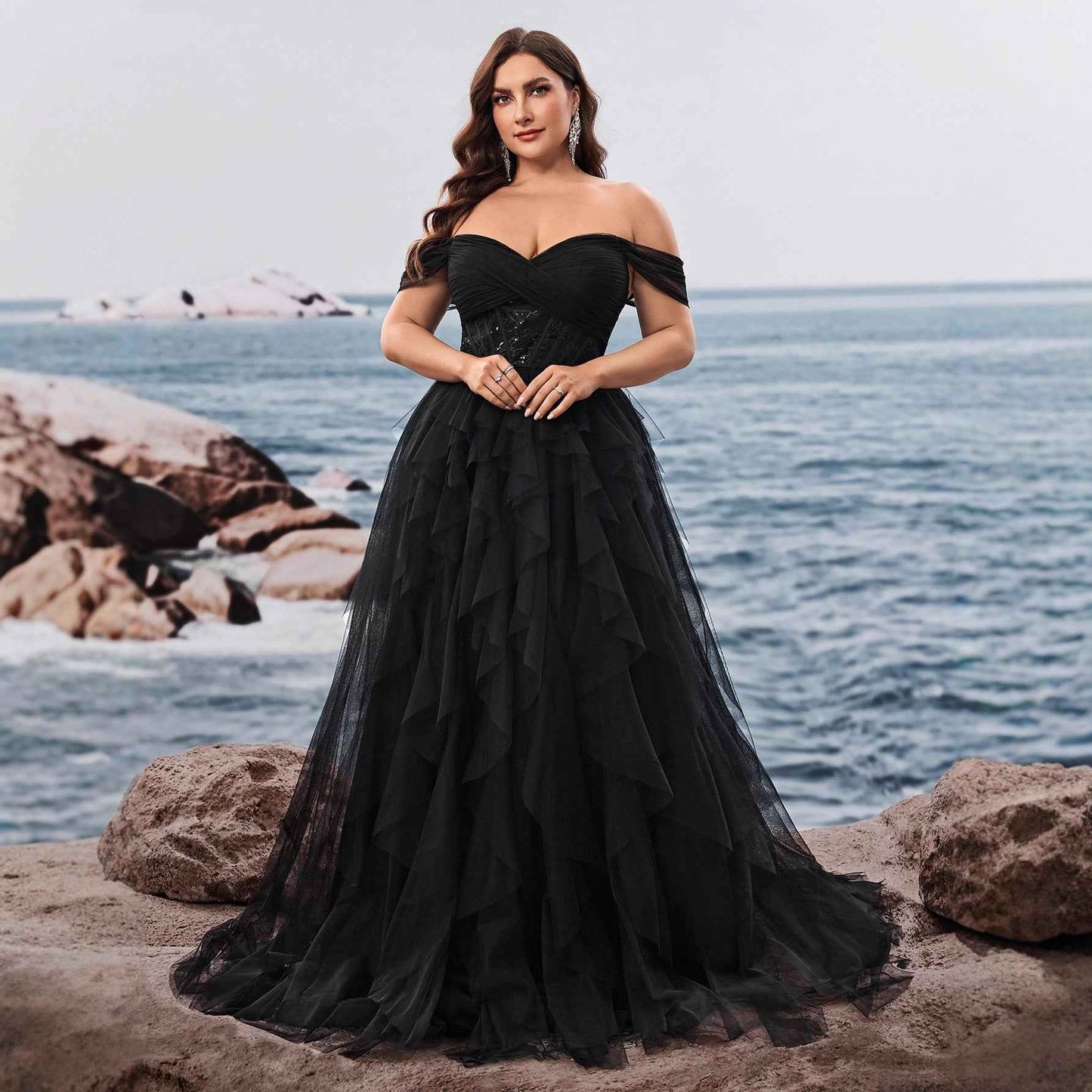 Plus Size Clothes Elegant Cold Shoulder Elegant Cocktail Party Dinner Dress Luxury Bridesmaid Graduation Dress Tiered Dress