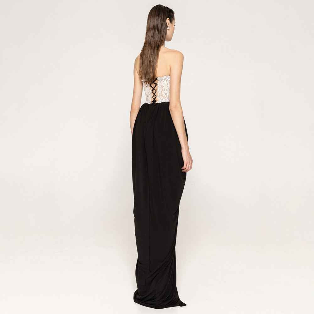 Sexy Women Lace Bead Strapless Dress High Elastic Split Long Dress