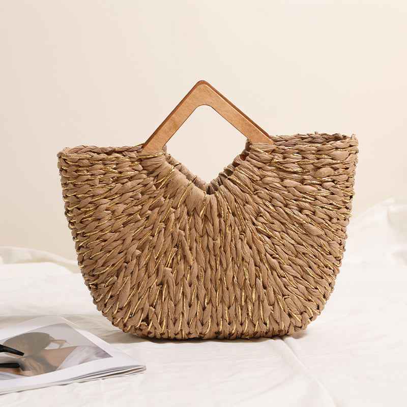 Capri – Diamond Wooden Straw Vacation Beach Bag with Gold Silk