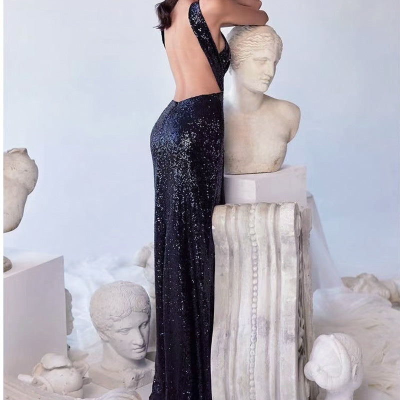 Mariangela Black Paillette Cutout Evening Dress