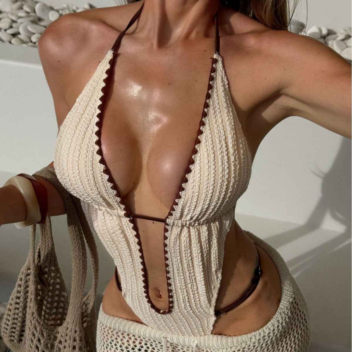 Portofino – Solid Color Halter Lace-Up One Piece Swimsuit