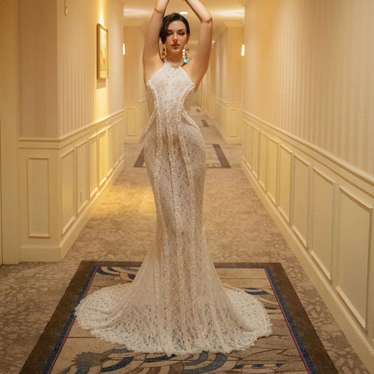 Retro Bridal Wedding Toast Dress White Dress Cheongsam Slim Fit Evening Dress