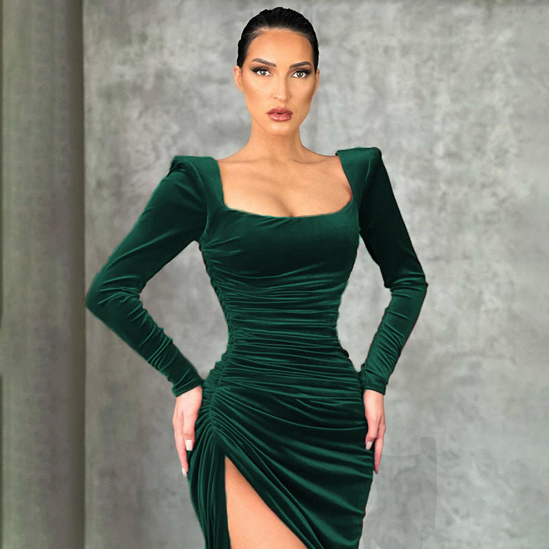 Women Clothing Winter Sexy Square Neck Fold High Waist Tuxedo Dress