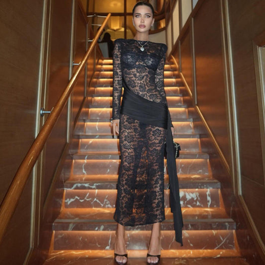 Autumn Winter Women Clothing round Neck See through Sexy Slim Side Slit Long Sleeve Elegant Dress