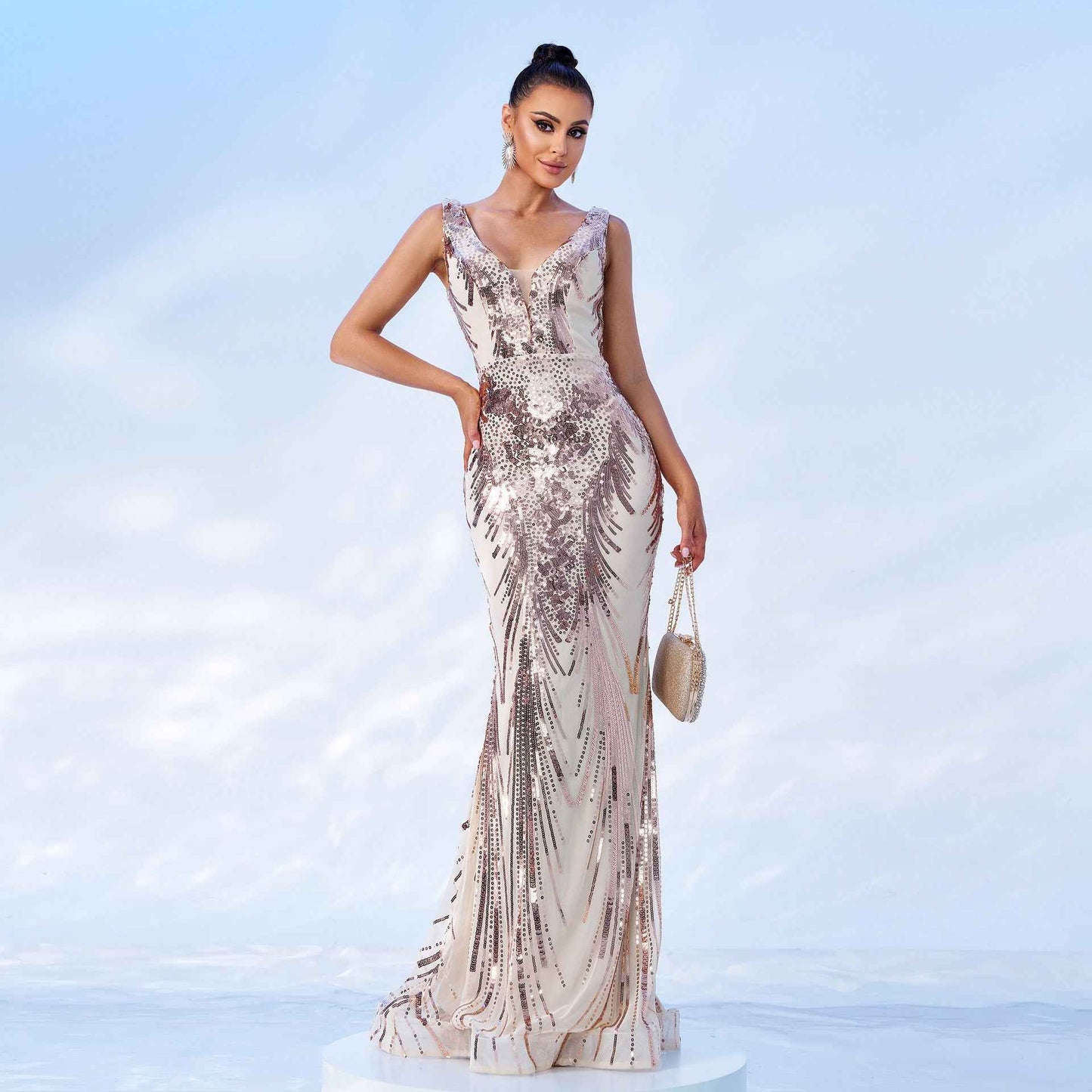 Strap Elegant V neck Sexy Long Sequined Cocktail Fishtail Evening Dress Bridesmaid Dress Dress Women