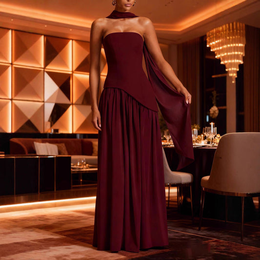 Tube Top Solid Color Split Dress Sexy Backless Halter Ribbon Dress