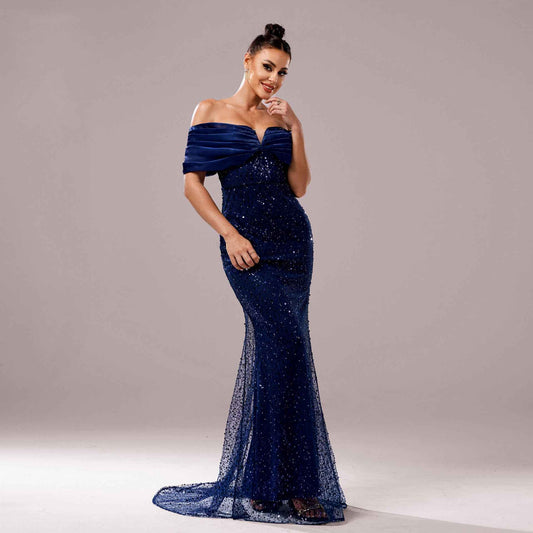 Women Clothing Off Neck Slim Fit Sheath Cocktail Sequined Fishtail Evening Dress