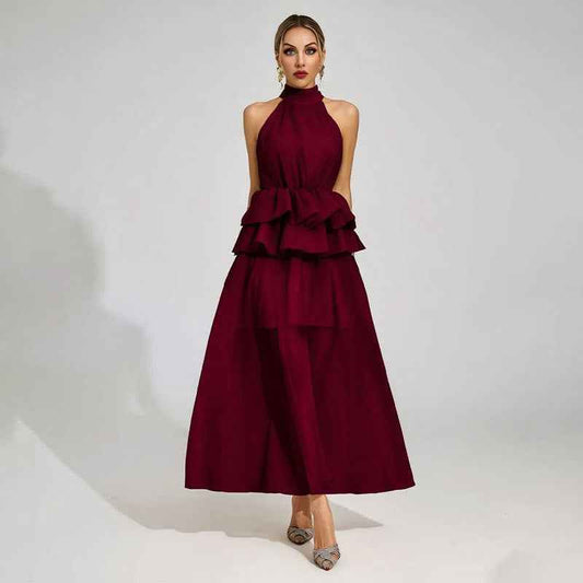 Arianna Flowy Ruffled Occasion Dress With A Halter Neckline