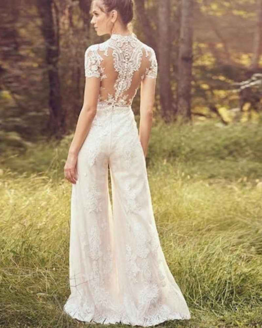 Giorgia Bride Pants Suit Wedding Bridal Gowns Short Sleeve Jumpsuit
