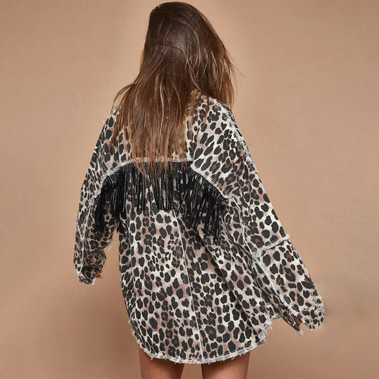 Maryangel Rebel leopard print denim jacket with distressed details and tassels, showcasing a trendy fashion style.
