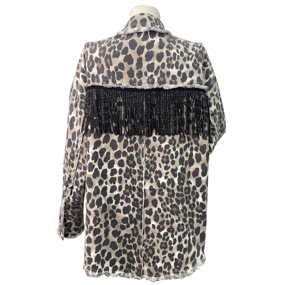 Maryangel Rebel leopard print denim jacket with distressed details and tassels, showcasing a trendy and stylish design.
