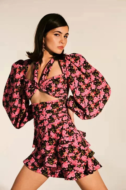 Maryangel Rebel women's floral halter dress with cutout tie, tiered design, and lantern sleeves featuring 3D rose details.