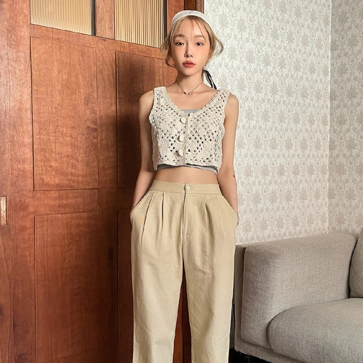 Women Summer Vacation Crochet Solid V Neck Tank Crop Camis