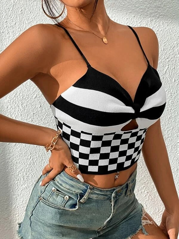 Women Summer Sexy V Neck Black And White Check Short Camis