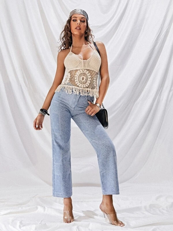 Haut sans manches à franges en crochet pour femmes, vacances d'été