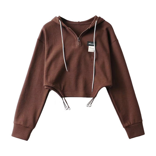 Maglione pullover etichettato con lettere con cappuccio allentato Top corto con coulisse asimmetrico irregolare