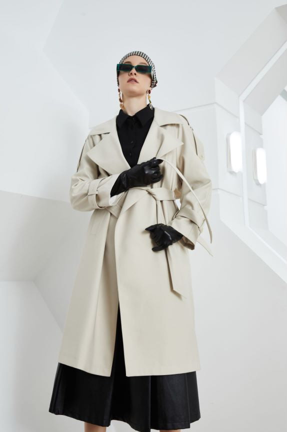 Maryangel Rebel women's long retro trench coat with lace-up collar, showcasing a loose fit and classic design.