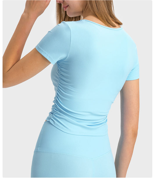 Pleated Waist Slimming Short Sports Short Sleeve High Elastic Nude Feel Slim Fit Slimming Yoga Jacket