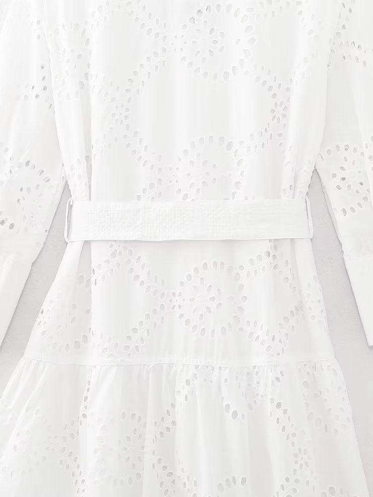 Women Embroidered Maxi Dress Spring Summer Blouse Collar Dress with Belt