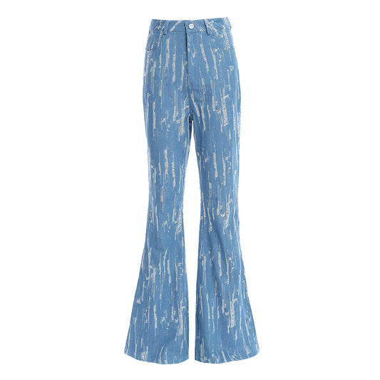 Maryangel Rebel women's retro modern bell bottom jeans with a worn-out texture, styled casually for a vintage look.